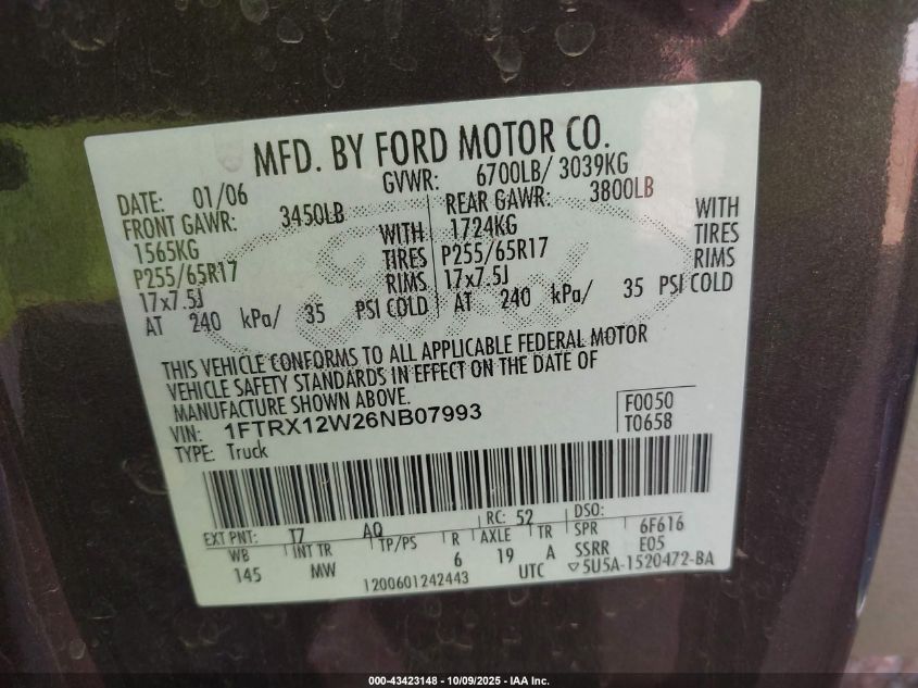 2006 Ford F-150 Stx/Xl/Xlt VIN: 1FTRX12W26NB07993 Lot: 43423148