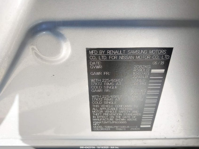 2018 Nissan Rogue S VIN: KNMAT2MT5JP603885 Lot: 43423154