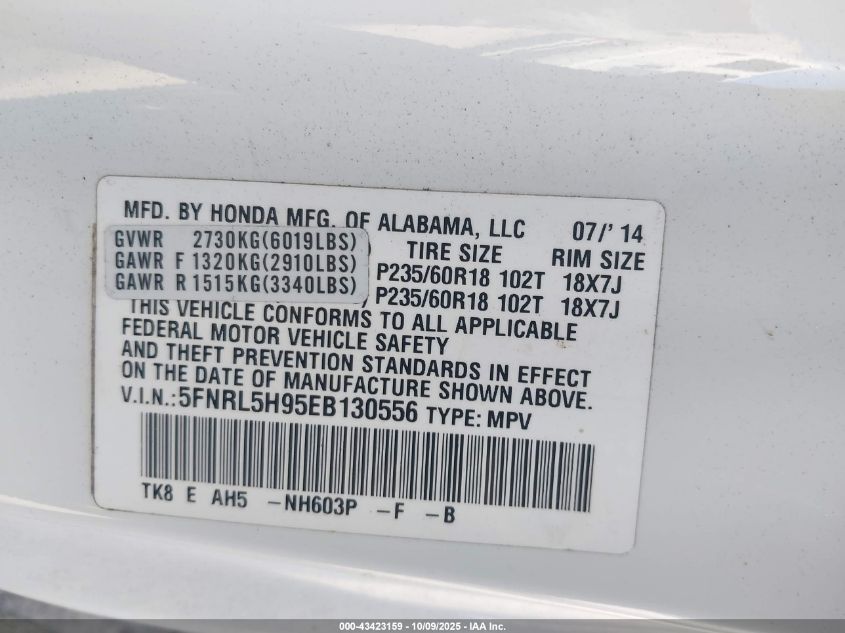 2014 Honda Odyssey Touring/Touring Elite VIN: 5FNRL5H95EB130556 Lot: 43423159