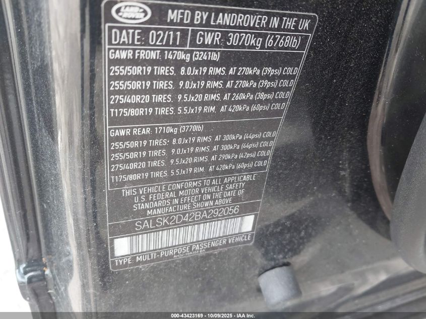 2011 Land Rover Range Rover Sport Hse VIN: SALSK2D42BA292056 Lot: 43423169