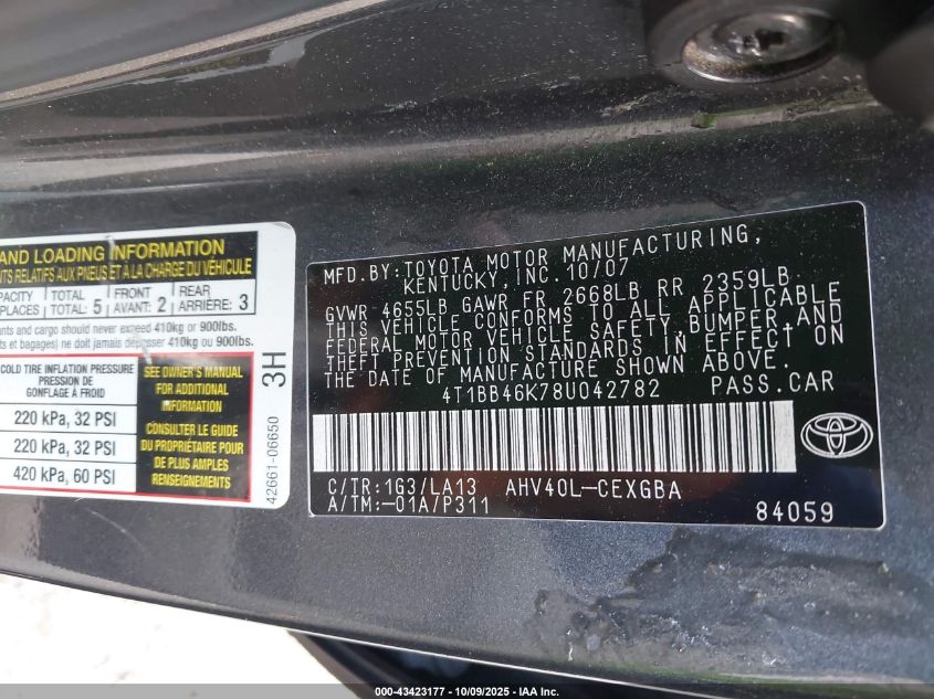 2008 Toyota Camry Hybrid VIN: 4T1BB46K78U042782 Lot: 43423177