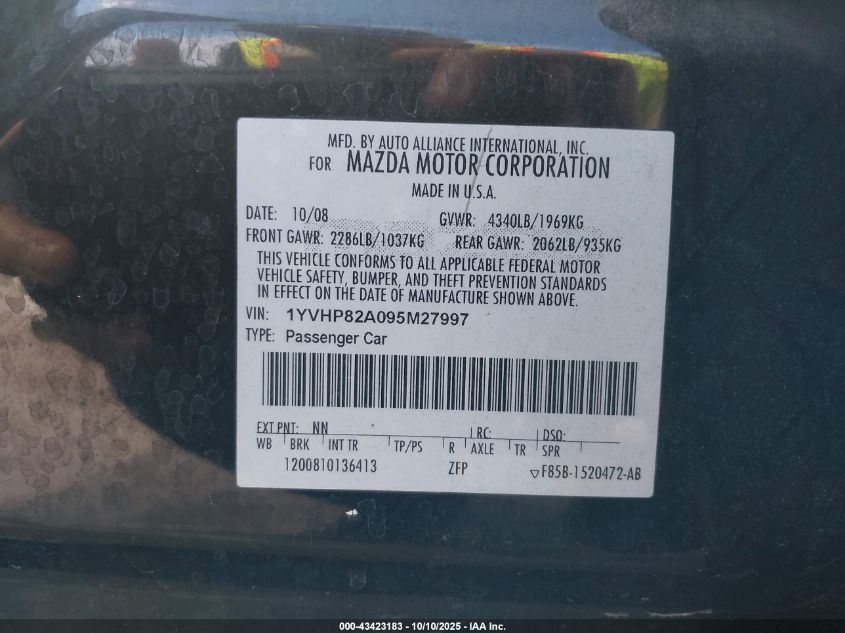 2009 Mazda Mazda6 I Touring VIN: 1YVHP82A095M27997 Lot: 43423183