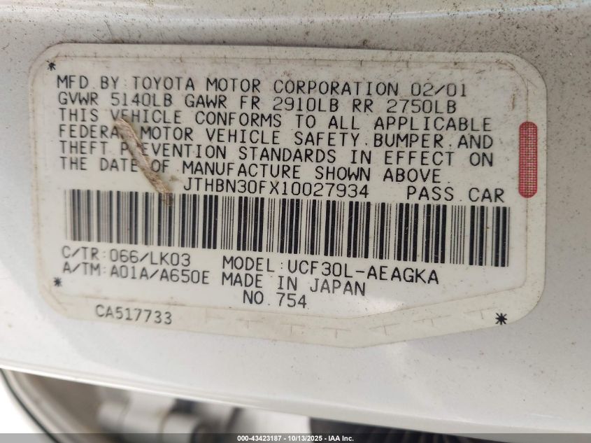 2001 Lexus Ls 430 VIN: JTHBN30FX10027934 Lot: 43423187