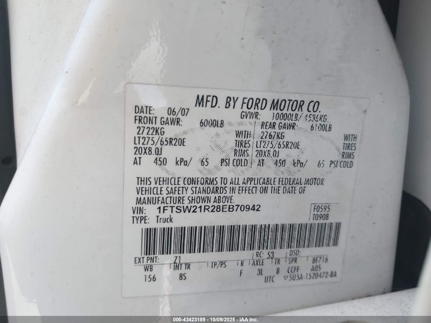 2008 Ford F-250 Fx4/Harley-Davidson/King Ranch/Lariat/Xl/Xlt VIN: 1FTSW21R28EB70942 Lot: 43423189