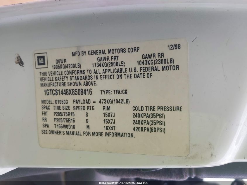 1999 GMC Sonoma Sls VIN: 1GTCS1448X8508416 Lot: 43423192