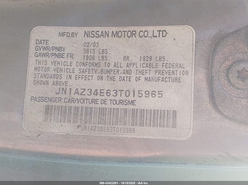2003 Nissan 350Z Touring VIN: JN1AZ34E63T015965 Lot: 43423201