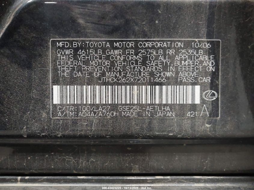 2007 Lexus Is 250 VIN: JTHCK262X72011466 Lot: 43423225