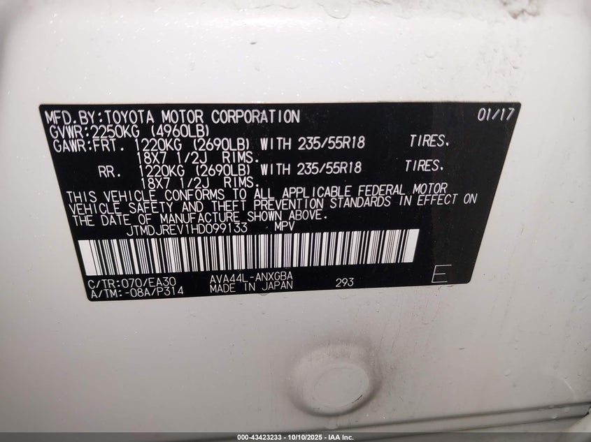 2017 TOYOTA RAV4 HYBRID LIMITED JTMDJREV1HD099133