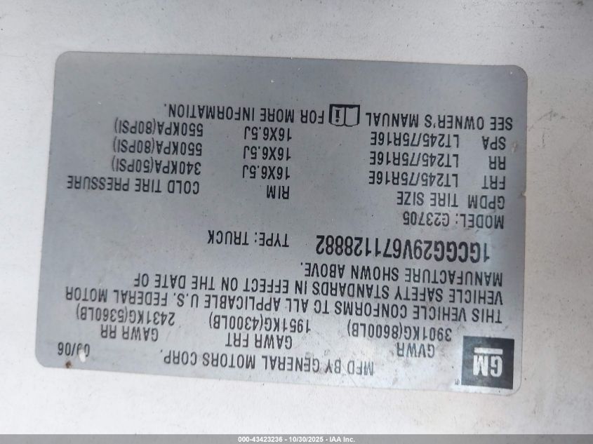 2007 Chevrolet Express Work Van VIN: 1GCGG29V671128882 Lot: 43423236