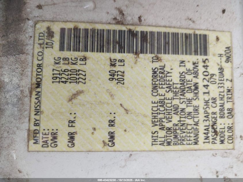 2017 Nissan Altima 2.5 Sr VIN: 1N4AL3AP5HC142045 Lot: 43423238