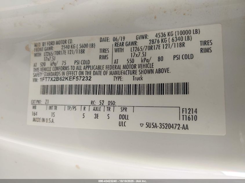 2019 Ford F-250 Xl VIN: 1FT7X2B62KEF57232 Lot: 43423240