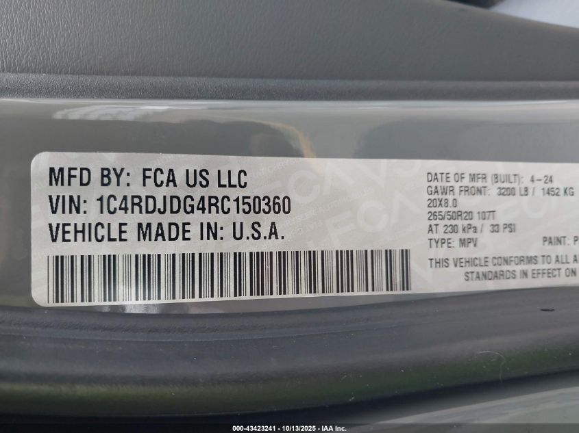 2024 Dodge Durango Gt Premium Awd VIN: 1C4RDJDG4RC150360 Lot: 43423241