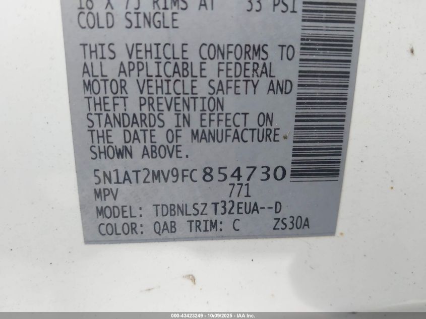 2015 Nissan Rogue Sl VIN: 5N1AT2MV9FC854730 Lot: 43423249