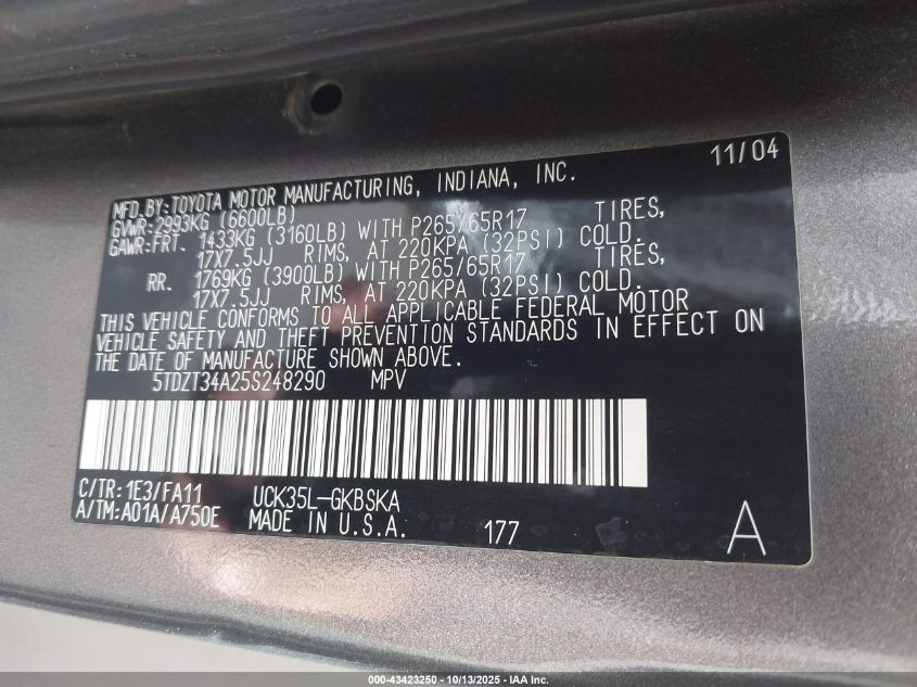 2005 Toyota Sequoia Sr5 V8 VIN: 5TDZT34A25S248290 Lot: 43423250