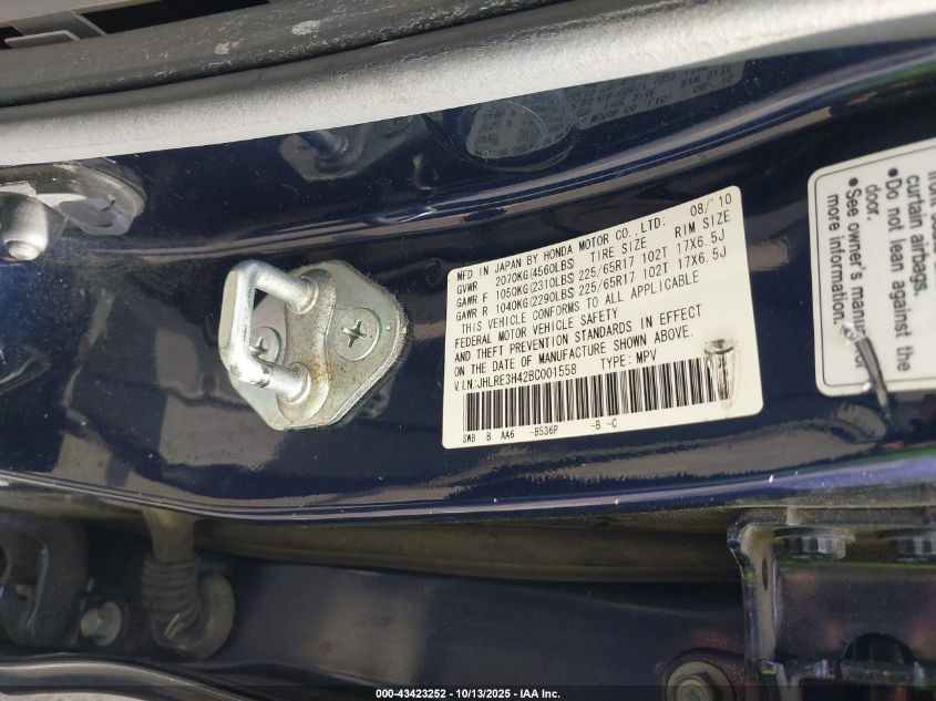 2011 Honda Cr-V Se VIN: JHLRE3H42BC001558 Lot: 43423252