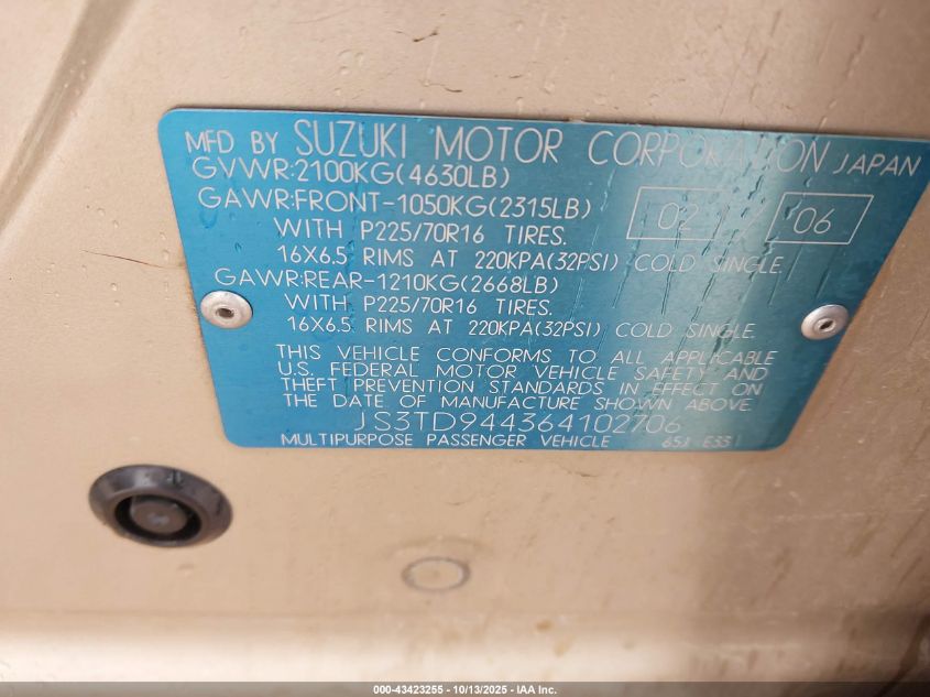 2006 Suzuki Grand Vitara Xsport VIN: JS3TD944364102706 Lot: 43423255