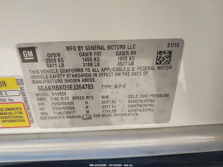 2014 Buick Enclave Leather VIN: 5GAKRBKD9EJ264783 Lot: 43423259