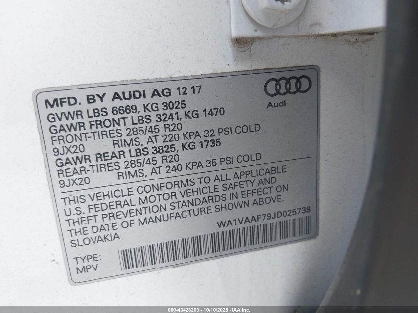 2018 Audi Q7 3.0T Premium VIN: WA1VAAF79JD025738 Lot: 43423263