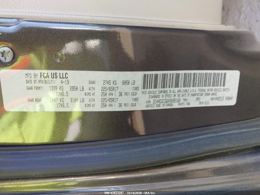 2019 Dodge Grand Caravan Sxt VIN: 2C4RDGCG6KR695168 Lot: 43423267