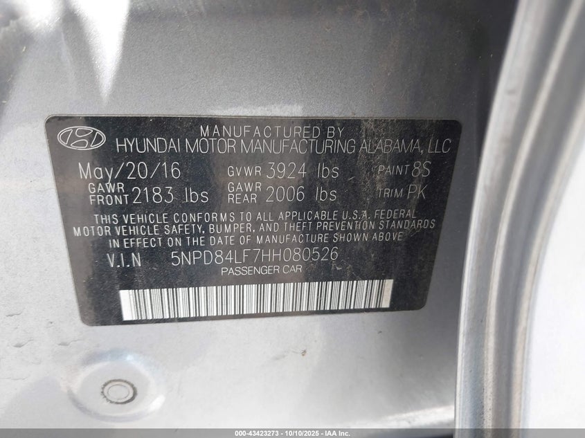 2017 Hyundai Elantra Se VIN: 5NPD84LF7HH080526 Lot: 43423273