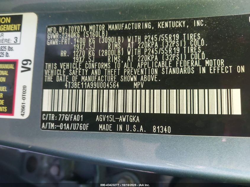 2009 Toyota Venza VIN: 4T3BE11A99U004564 Lot: 43423277