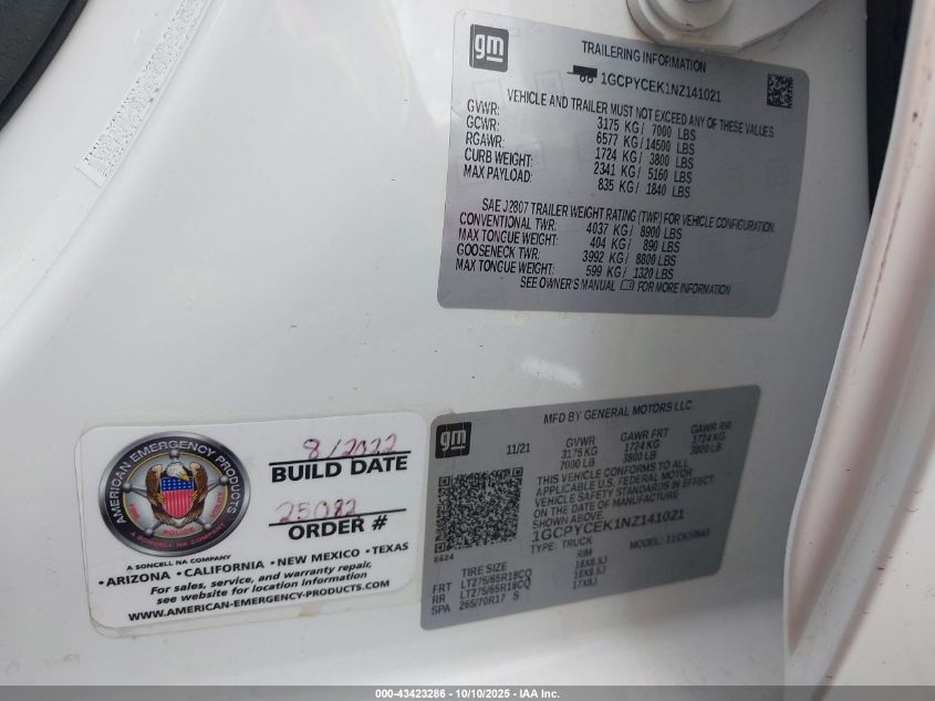 2022 Chevrolet Silverado 1500 Ltd 4Wd Short Bed Custom Trail Boss VIN: 1GCPYCEK1NZ141021 Lot: 43423286