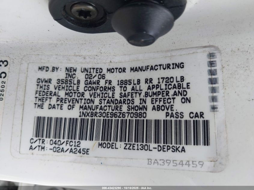 2006 Toyota Corolla S VIN: 1NXBR30E96Z670980 Lot: 43423290