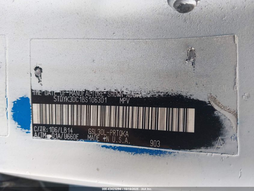 2011 Toyota Sienna Xle V6 VIN: 5TDYK3DC1BS106301 Lot: 43423294