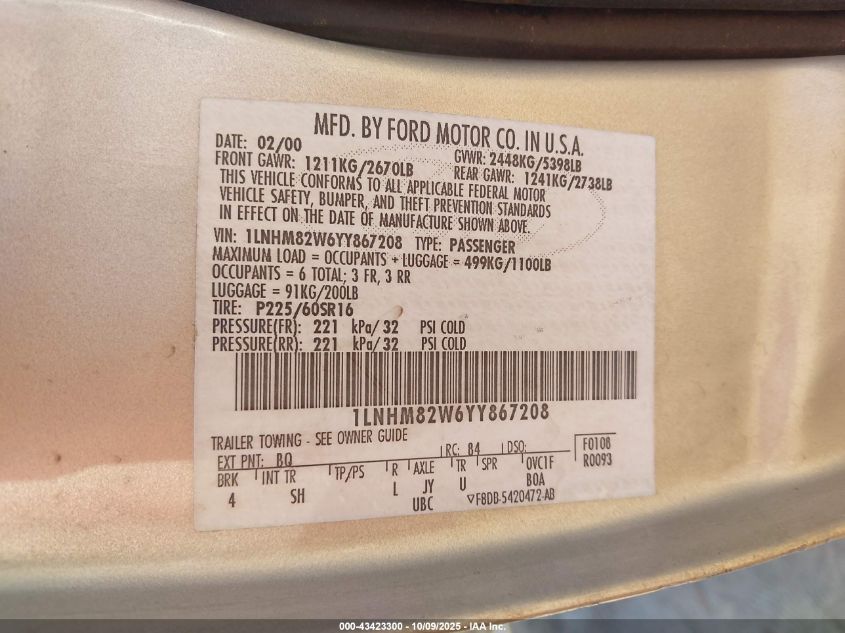 2000 Lincoln Town Car Signature VIN: 1LNHM82W6YY867208 Lot: 43423300