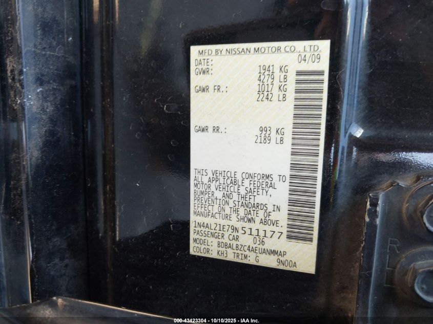 2009 Nissan Altima 2.5 S VIN: 1N4AL21E79N511177 Lot: 43423304