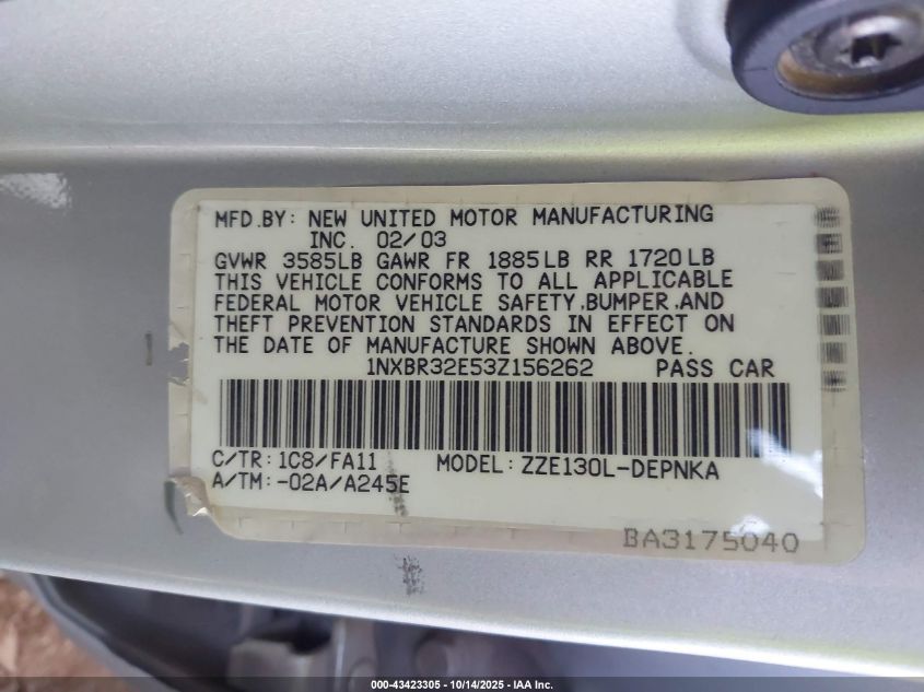 2003 Toyota Corolla Le VIN: 1NXBR32E53Z156262 Lot: 43423305