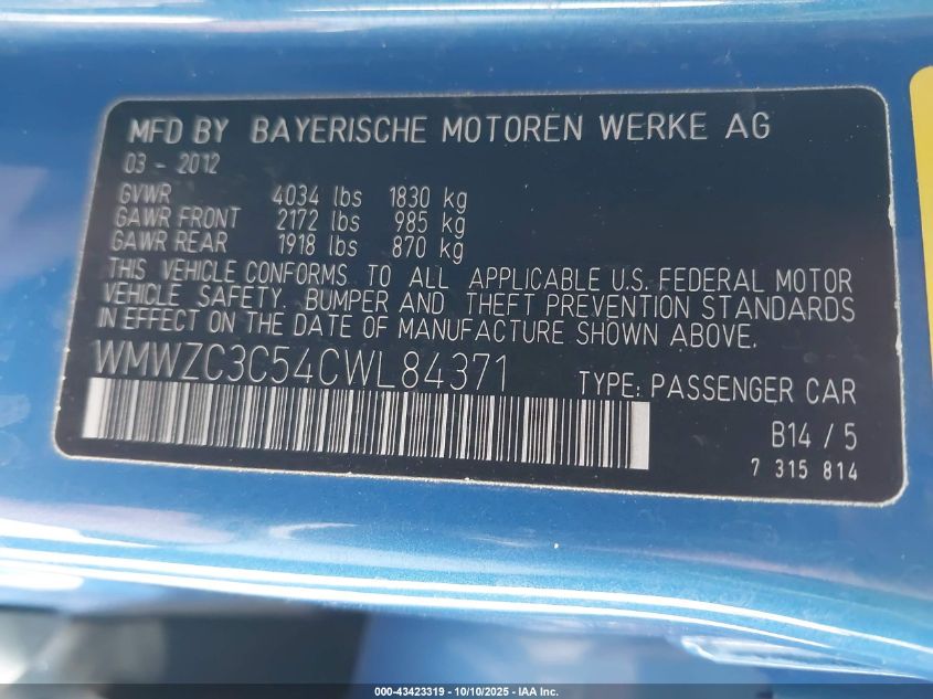 2012 Mini Cooper S Countryman VIN: WMWZC3C54CWL84371 Lot: 43423319