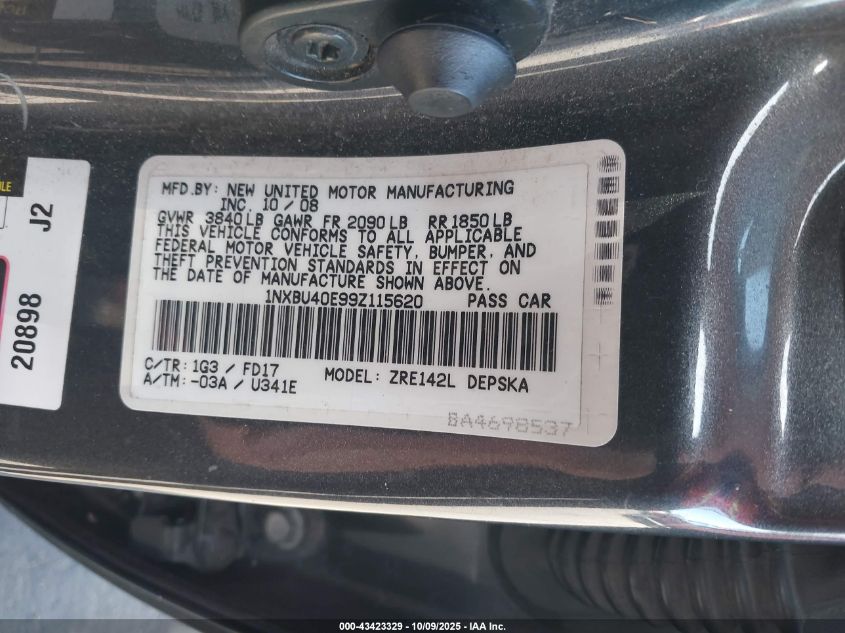 2009 Toyota Corolla S VIN: 1NXBU40E99Z115620 Lot: 43423329