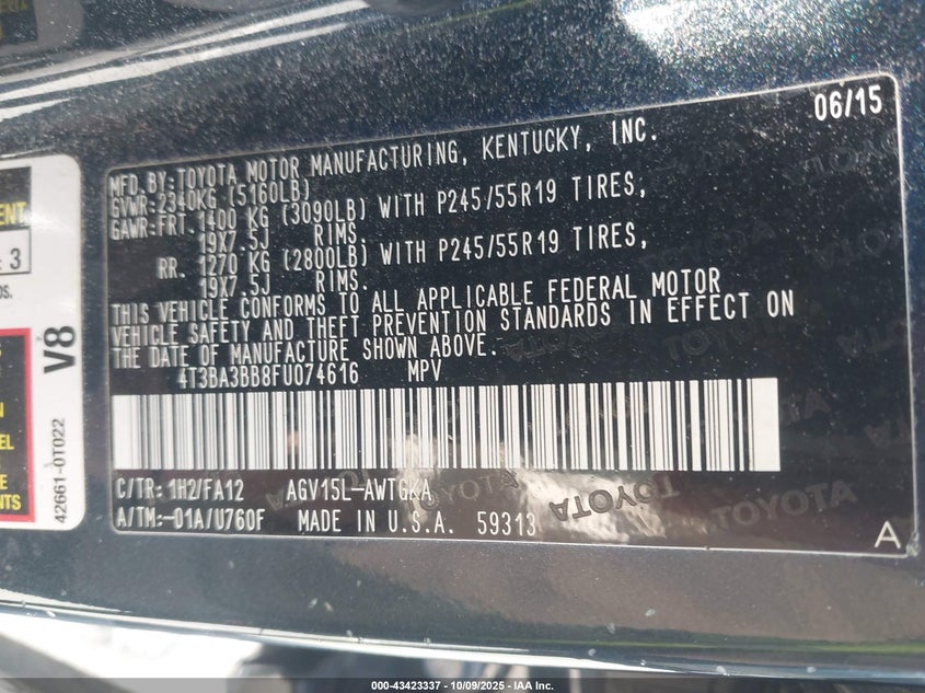 2015 TOYOTA VENZA LE 4T3BA3BB8FU074616