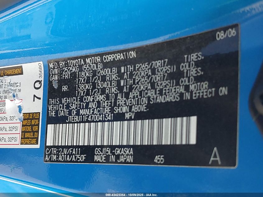 2007 Toyota Fj Cruiser VIN: JTEBU11F470041341 Lot: 43423354