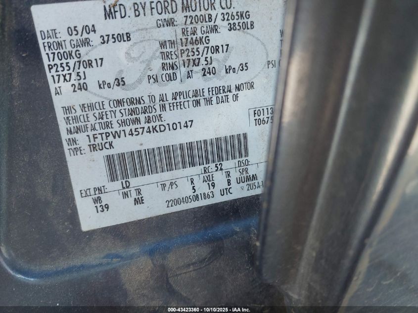 2004 Ford F-150 Fx4/Lariat/Xlt VIN: 1FTPW14574KD10147 Lot: 43423360