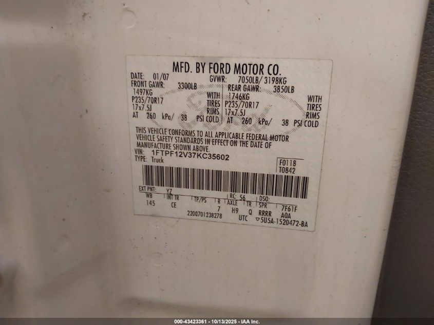 2007 Ford F-150 Xl/Xlt VIN: 1FTPF12V37KC35602 Lot: 43423361