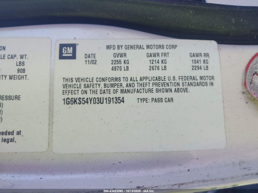 2003 Cadillac Seville Sls VIN: 1G6KS54Y03U191354 Lot: 43423365