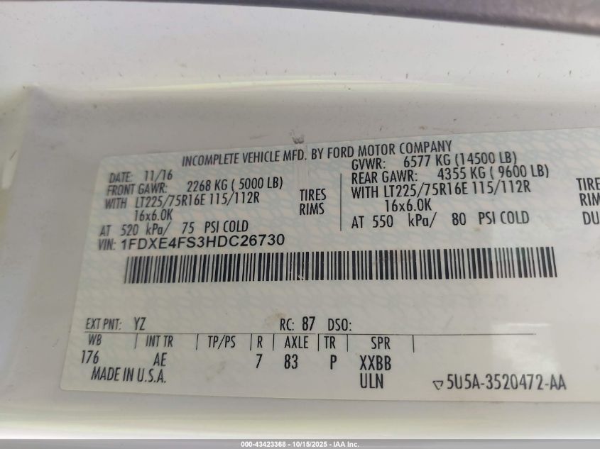 2017 Ford E-450 Cutaway VIN: 1FDXE4FS3HDC26730 Lot: 43423368