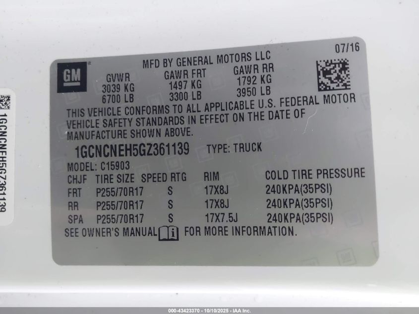 2016 Chevrolet Silverado 1500 Wt VIN: 1GCNCNEH5GZ361139 Lot: 43423370