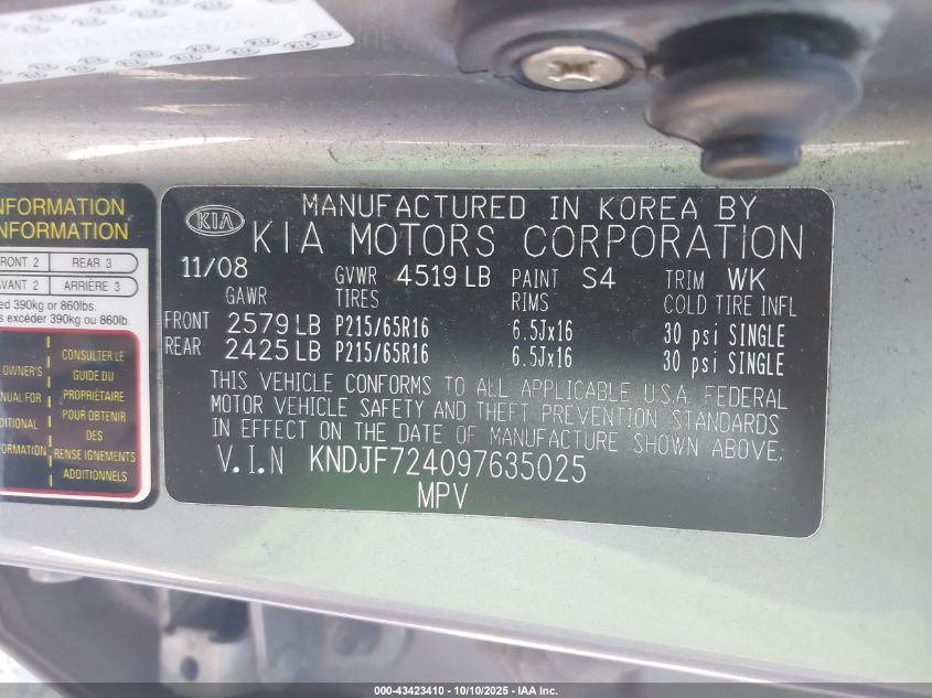 2009 Kia Sportage Lx VIN: KNDJF724097635025 Lot: 43423410
