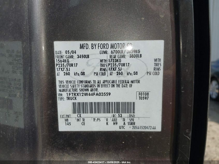 2004 Ford F-150 Stx/Xl/Xlt VIN: 1FTRX12W44FA03559 Lot: 43423417