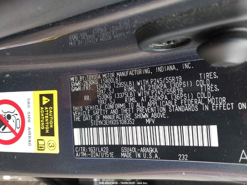 2013 Toyota Highlander Limited V6 VIN: 5TDYK3EHXDS108352 Lot: 43423426