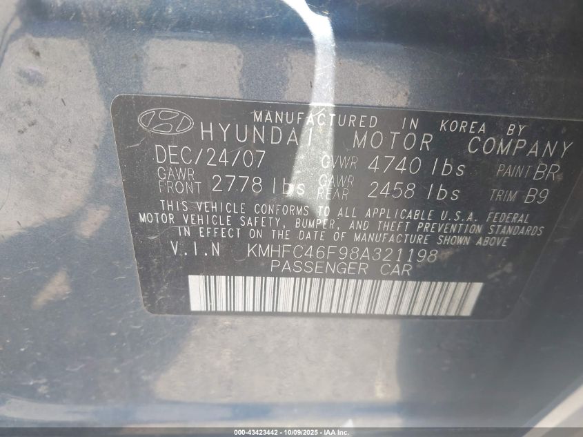 2008 Hyundai Azera Limited VIN: KMHFC46F98A321198 Lot: 43423442