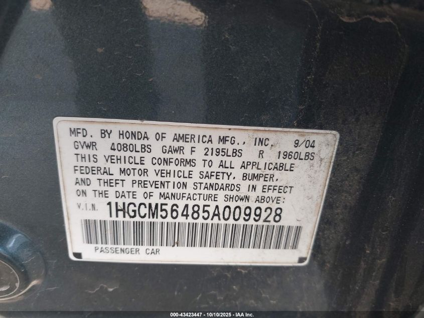 2005 Honda Accord 2.4 Lx VIN: 1HGCM56485A009928 Lot: 43423447