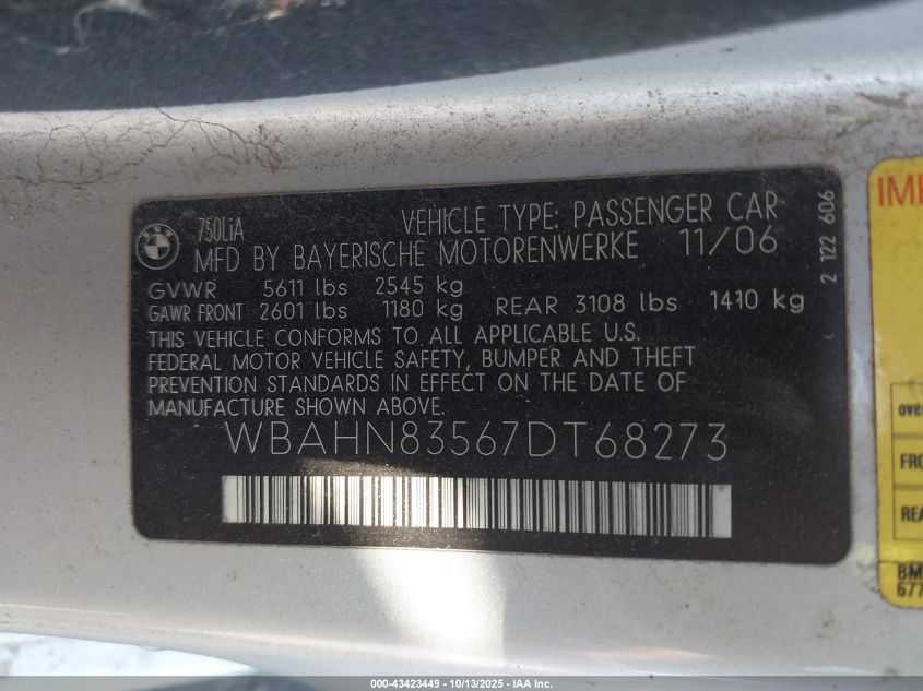 2007 BMW 750Li VIN: WBAHN83567DT68273 Lot: 43423449