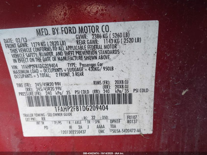 2013 Ford Taurus Limited VIN: 1FAHP2F81DG209404 Lot: 43423474
