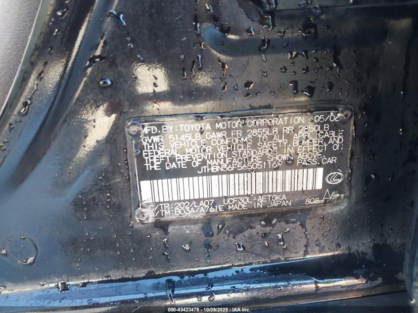 2006 Lexus Ls 430 VIN: JTHBN36F565051169 Lot: 43423476