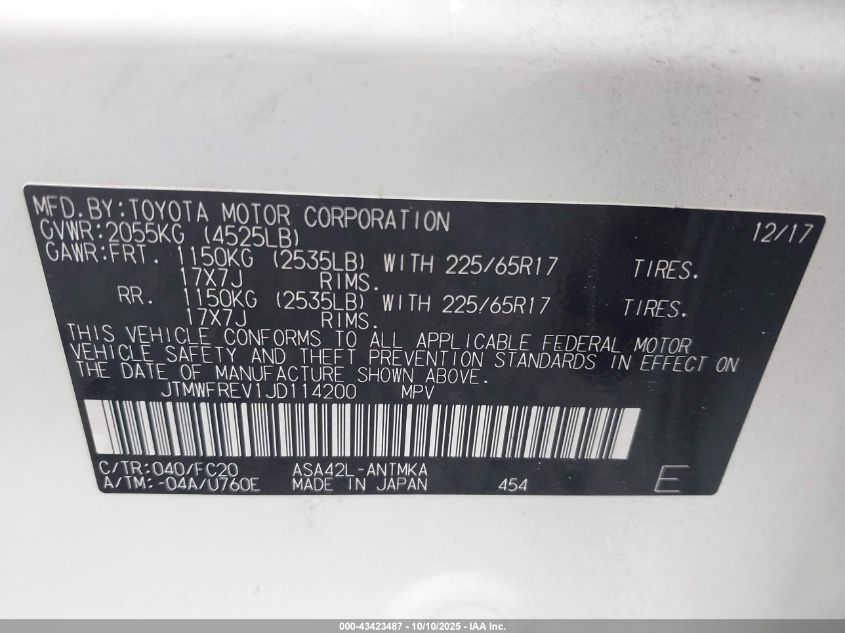 2018 Toyota Rav4 Xle VIN: JTMWFREV1JD114200 Lot: 43423487