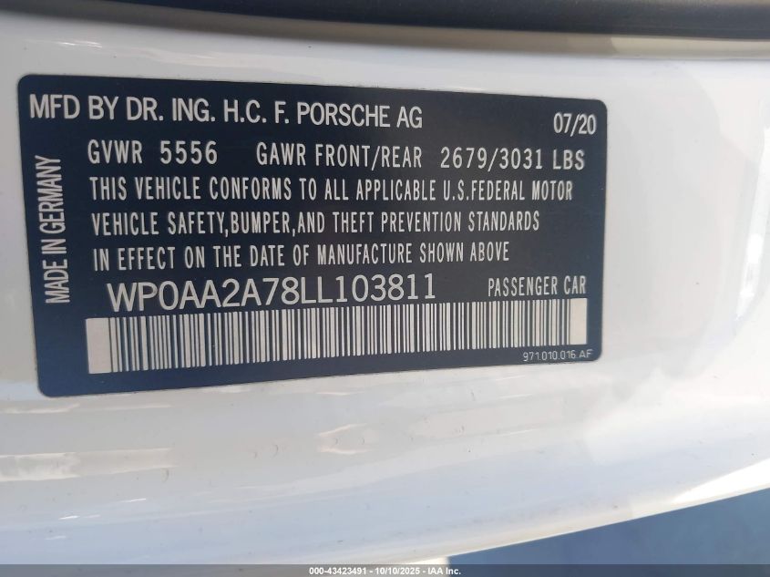 2020 Porsche Panamera 10 Years Edition/4/4 10 Years Edition VIN: WP0AA2A78LL103811 Lot: 43423491
